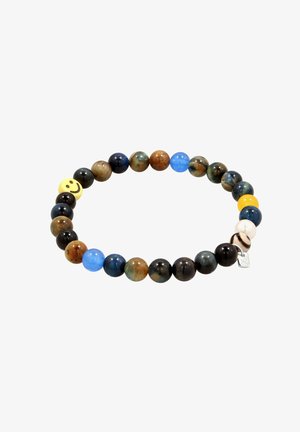 Armband mit runden Perlen in Blau, Braun, Schwarz, Gelb sowie einer gelben Perle mit einem schwarzen Smiley-Gesicht, auf weißem Hintergrund.