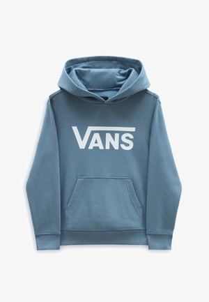 Sweat à capuche bleu avec poche avant et grand logo Vans blanc sur la poitrine, posé à plat sur un fond blanc.