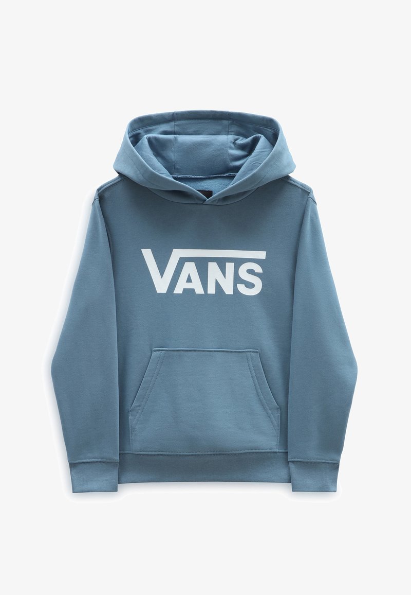 Sweat à capuche bleu avec poche avant et grand logo Vans blanc sur la poitrine, posé à plat sur un fond blanc.