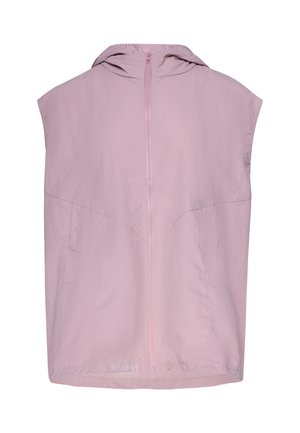 Lichtroze mouwloze capuchonvest met ritssluiting aan de voorkant en zijzakken, gemaakt van lichtgewicht stof.