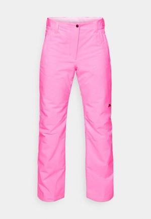 Rosa wasserdichte Hose mit geradem Schnitt, ausgestattet mit einem Reißverschluss und Knopfverschluss vorne sowie seitlichen Taschen, aus glattem synthetischen Material gefertigt.