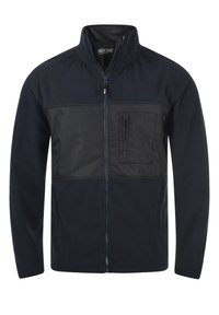 Chaqueta de forro polar azul marino con panel frontal acolchado, cuello alto, cremallera frontal y un bolsillo en el pecho. Textura suave y materiales contrastantes.
