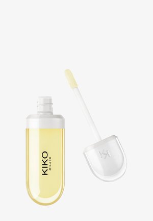 Flacon rectangulaire transparent d'huile pour les lèvres jaune avec applicateur blanc et bouchon transparent embossé des initiales de la marque.