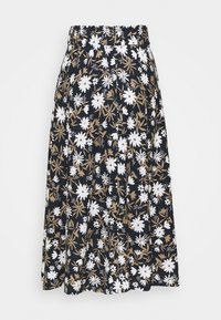 Floraler Midirock mit elastischem Bund, navyblauem Hintergrund, weißen und beigen Blumen und einem fließenden Design.