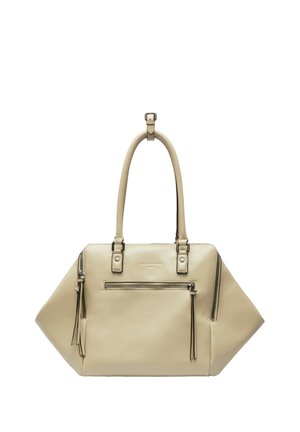 Sac à main en cuir beige avec deux poignées, trois poches extérieures zippées et une forme triangulaire sur les côtés sur fond blanc.