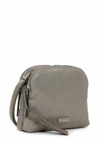 Piccolo pochette grigia trapuntata con chiusure a doppia zip, dettaglio a nappina e una piastra metallica con il logo "Tamaris" sul davanti.