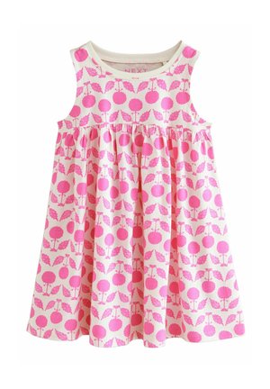 Robe en coton avec un col rond et un design sans manches. Motif d'arbres et de feuilles rose vif sur fond crème, avec une taille froncée.