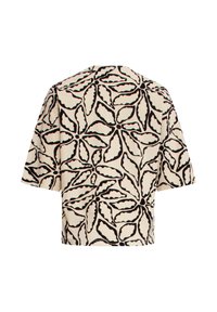 Korte mouwen blouse van crème stof met een zwart bloemenpatroon en turquoise accenten. Boxy snit met een rechte zoom en een ontspannen pasvorm.