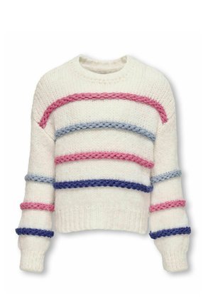 Witte gebreide trui met een cropped ontwerp, voorzien van gevlochten horizontale strepen in roze, blauw en marineblauw. Ribgebreide manchetten en halslijn.