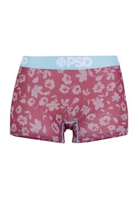 Kurze Boxer-Slips in Burgunderrot mit floralem Muster und einem hellblauen Bund mit dem Logo "PSD". Glatter, dehnbarer Stoff.