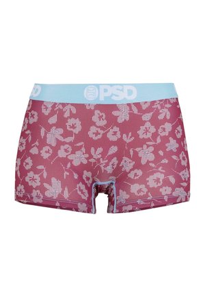 Krótkie bokserki w kolorze bordowym z kwiatowym wzorem, z jasnoniebieskim paskiem w talii z logo 'PSD'. Gładki, elastyczny materiał.