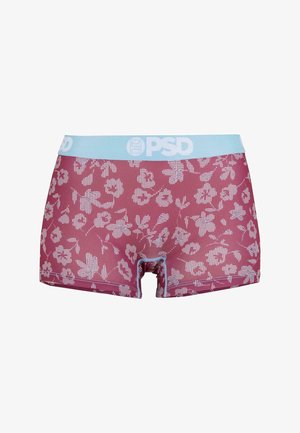 Krótkie bokserki w kolorze bordowym z kwiatowym wzorem, z jasnoniebieskim paskiem w talii z logo 'PSD'. Gładki, elastyczny materiał.