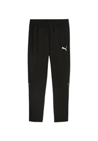 Zwarte sportieve broek van lichtgewicht materiaal, met een elastische tailleband en een wit logo aan de linkerkant als accent.