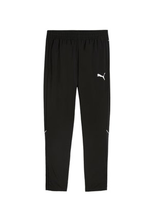 Zwarte sportieve broek van lichtgewicht materiaal, met een elastische tailleband en een wit logo aan de linkerkant als accent.