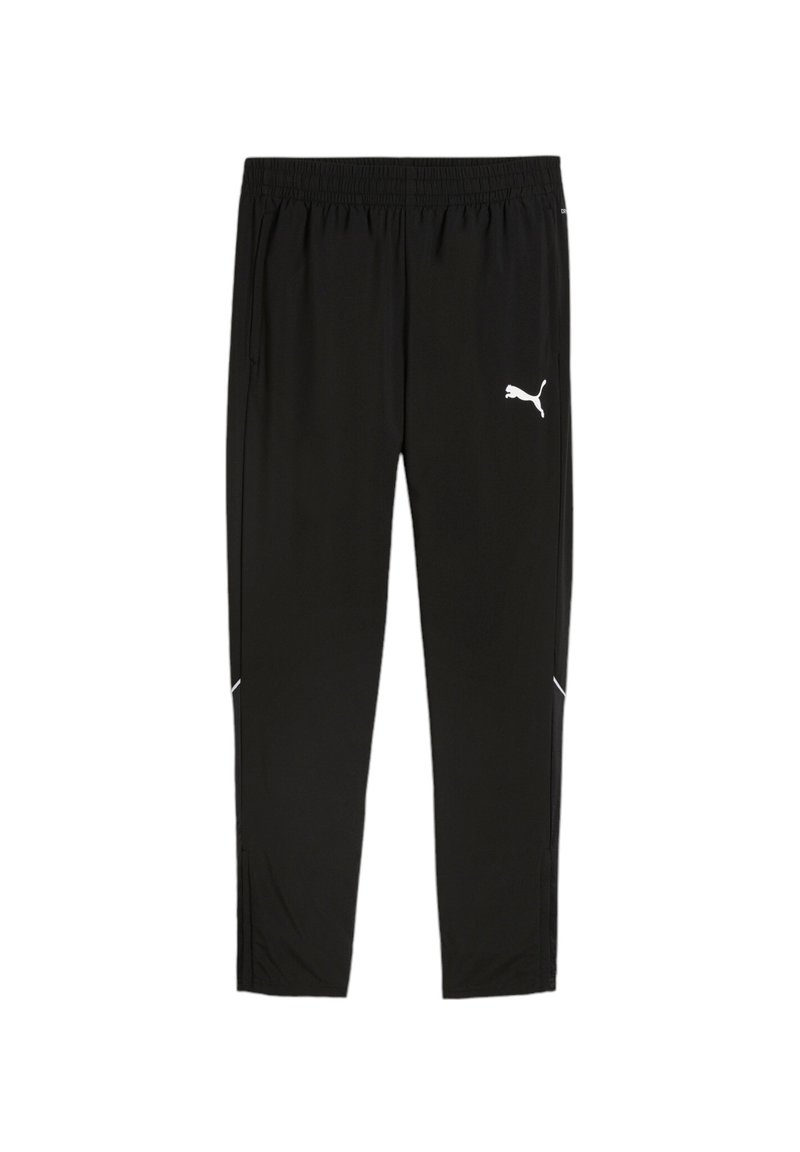 Zwarte sportieve broek van lichtgewicht materiaal, met een elastische tailleband en een wit logo aan de linkerkant als accent.