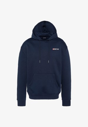 Mørkeblå hættetrøje i bomuldsblanding, har en frontlomme, snøre i hætten og et lille "Schott NYC" logo på brystet.