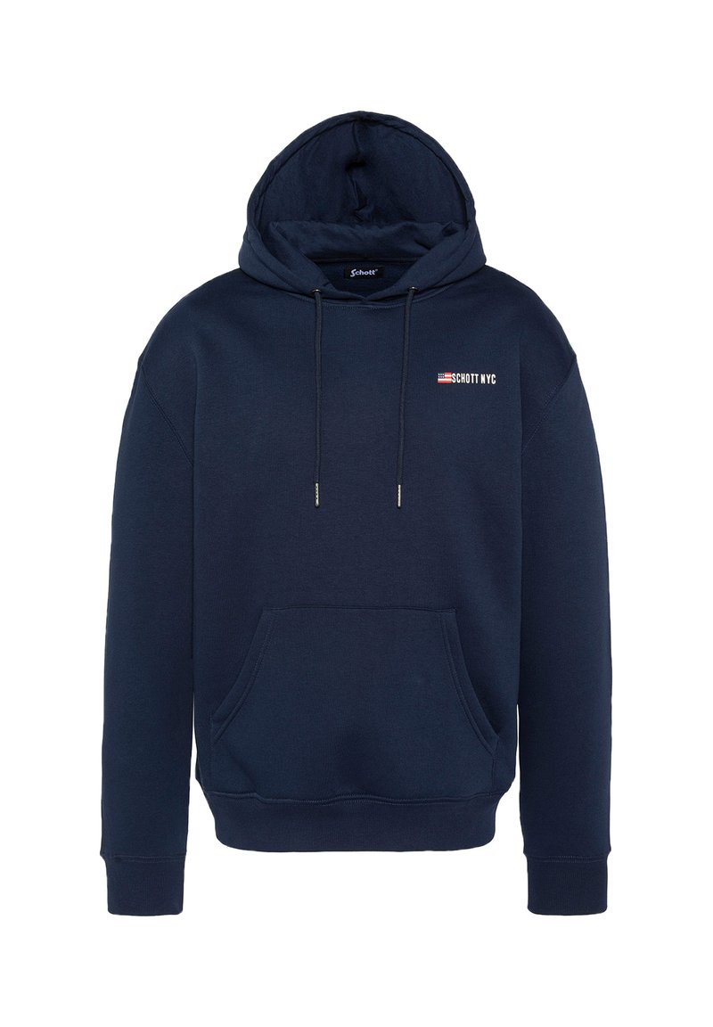 Granatowa bluza z kapturem, wykonana z mieszanki bawełny, z przodem kieszeni, kapturem na sznurki oraz małym logo "Schott NYC" na klatce piersiowej.
