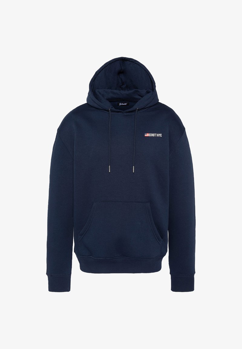 Granatowa bluza z kapturem, wykonana z mieszanki bawełny, z przodem kieszeni, kapturem na sznurki oraz małym logo "Schott NYC" na klatce piersiowej.