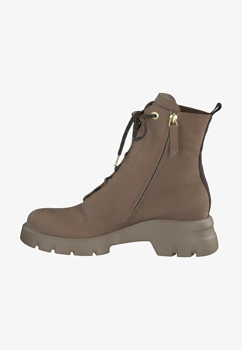 Braune Leder-Ankle-Boots mit einer strukturierten Oberseite, runder Zehenpartie, seitlichem Reißverschluss und einer dicken, robusten Sohle. Schnürdesign mit goldenen Akzenten.