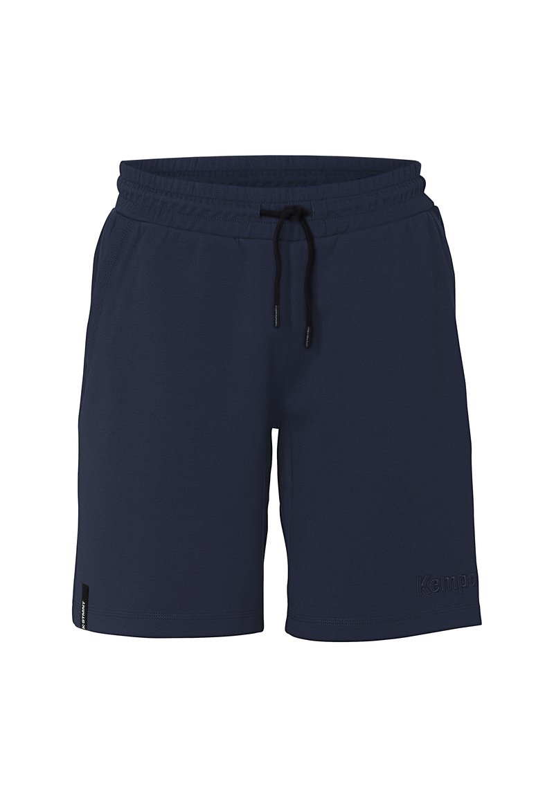 Marineblauwe sport shorts van lichtgewicht stof. Voorzien van een elastische tailleband met een trekkoord en een geborduurd logo op de zoom.