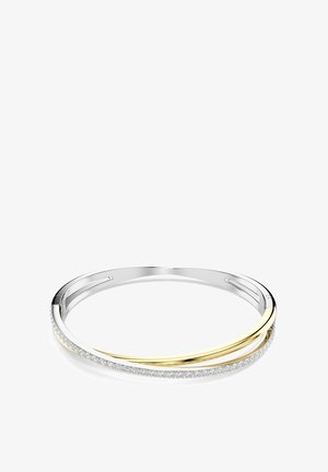 Silettne käevõru poleeritud hõbe- ja kuldbändidega; ääristatud selge gemstonide reaga ühe serva mööda. Sujuv ja stiilne disain.