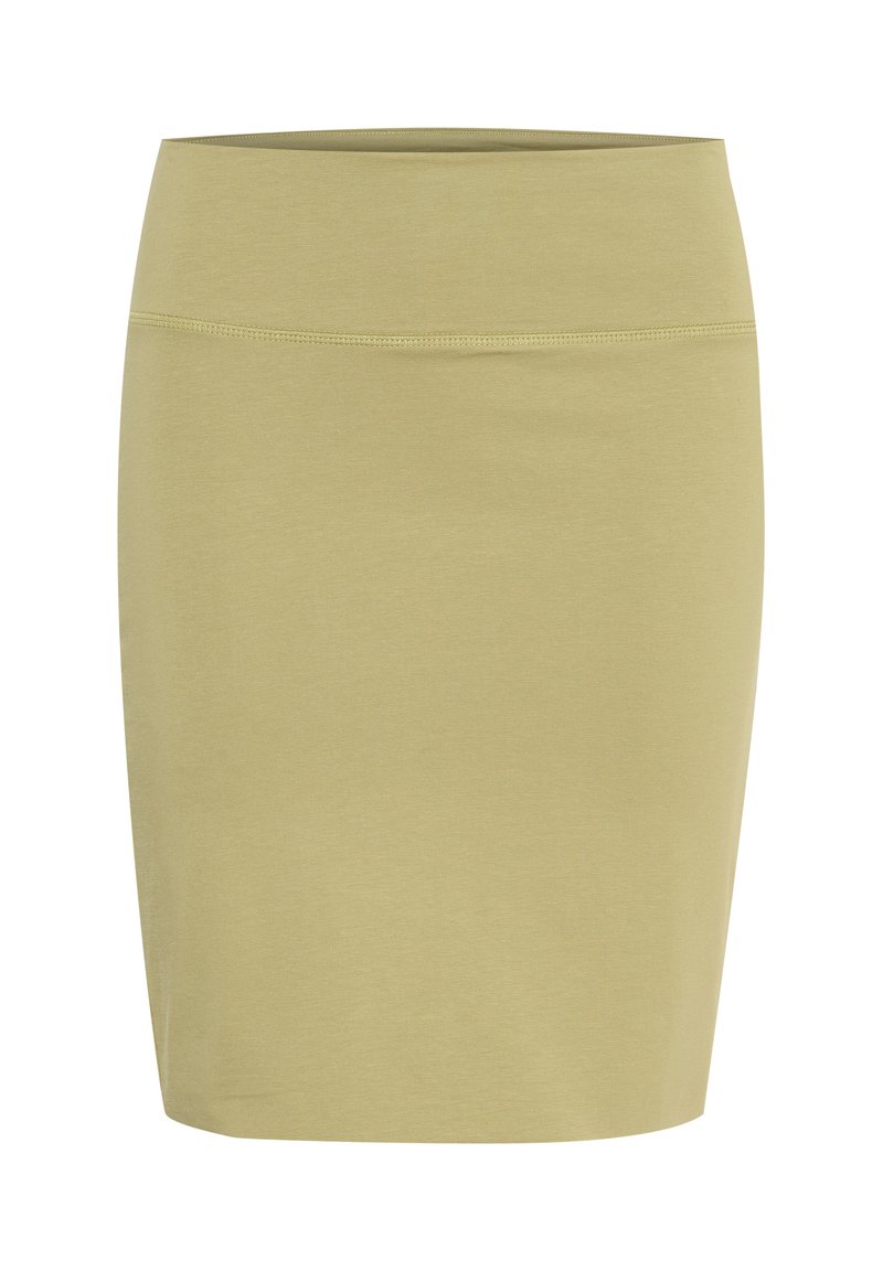 Gari vidukļa olīvu zaļa zīmulis svārki līdz ceļiem, kas izgatavoti no mīksta auduma, ar gludu vidukļa joslu un vienkāršu, izteiksmīgu dizainu.