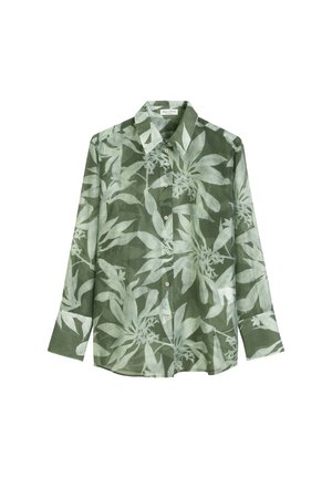 Green button-up shirt made of lightweight fabric featuring a tropical leaf pattern in lighter green shades, with a classic collar and long sleeves.