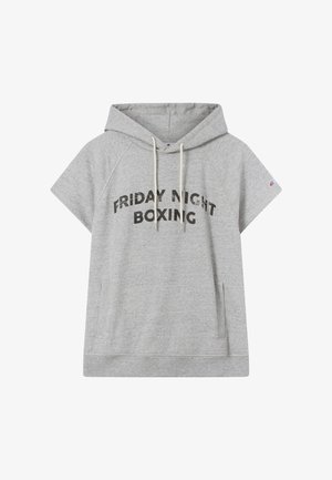 Sudadera gris con capucha y mangas cortas, con el texto "FRIDAY NIGHT BOXING" impreso en letras negras y en negrita. Incluye un bolsillo tipo canguro.