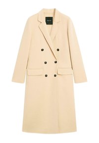 Béžový dvouřadý kabát z vlny s klopov�ým límcem, dvěma předními kapsami a černými knoflíky. Hladká textura s přizpůsobeným střihem.