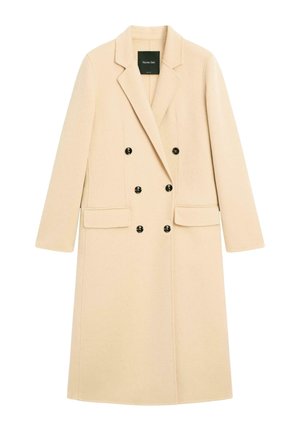 Beige dobbeltradet uldfrakke med en reverskrave, to forlommer og sorte knapper. Glat tekstur med en skræddersyet pasform.