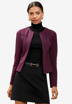 Violetas prigludęs švarkas su apvaliu kaklu, derinamas su juodu juostuotu turtlenu ir juoda sijonu, akcentuotas aukso sagtimi.