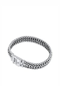 Hõbedase metalli kettkäevõru omavahel põimuvate linkidega, millel on kinnituseks detail graveeritud logoga kindlaks sulgemiseks.