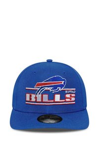 Blue baseball cap featuring embroidered "BILLS" text and a buffalo logo in red and white accents. Smooth fabric with a flat brim design.