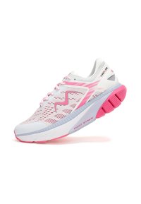White athletic shoe with mesh upper, pink accents, and a textured sole. Features a prominent logo and includes laces with a unique design.
