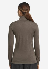 Brun polotröja med långa ärmar, en figurnära silhuett och ribbade muddar och fåll, tillverkad av ett mjukt, texturerat tyg.