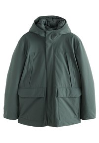 Dunkelgrüne gesteppte Jacke mit Kapuze, ausgestattet mit zwei großen Fronttaschen, einer glatten Oberfläche und verstärkten Nähten für Langlebigkeit.