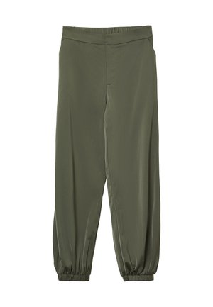 Pantaloni verde oliva a vestibilità ampia con vita elasticizzata e polsini elastici arricciati alle caviglie, senza tasche o motivi visibili.