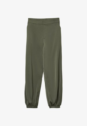 Pantaloni verde oliva a vestibilità ampia con vita elasticizzata e polsini elastici arricciati alle caviglie, senza tasche o motivi visibili.