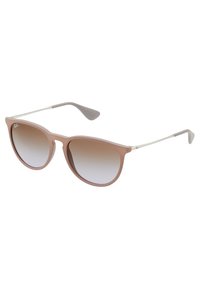 Ochelari de soare Ray-Ban cu ramă din plastic roz deschis, lentile gradient, accente din metal argintiu și vârfuri ale tempelor gri. Formă clasică de tip cat-eye.