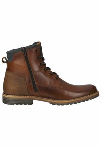 Stivaletti in pelle marrone con zip laterale, chiusura con lacci e colletto in camoscio nero texture. Suola in gomma con dettagli cuciti.