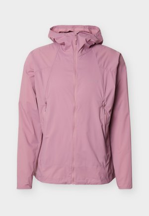 Γυναικείο ελαφρύ ροζ μπουφάν με κουκούλα, εμπρός φερμουάρ και δύο πλαϊνές τσέπες με φερμουάρ, κατασκευασμένο από ελαφρύ ύφασμα.