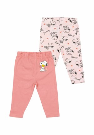 Two pairs of toddler leggings: one pink with Snoopy hugging Woodstock, one light pink with repeating Snoopy faces, hearts, and "Snoopy" text.