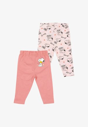 Due paia di leggings per bambini piccoli: uno rosa con Snoopy che abbraccia Woodstock, uno rosa chiaro con volti ripetuti di Snoopy, cuori e scritta "Snoopy".