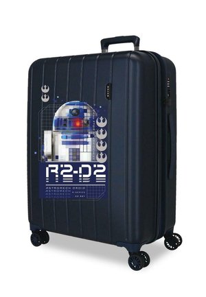 Maleta rígida azul oscuro con cuatro ruedas, asa telescópica y gráfico y texto de R2-D2 en el panel frontal.