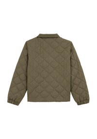 Olive green quilted jacket with a pointed collar, long sleeves, and elastic cuffs; features a textured diamond pattern.