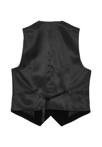 Gilet di raso nero con una texture liscia, caratterizzato da un collo alto, chiusura posteriore con lacci e orlo a punta. Design minimalista senza decorazioni.