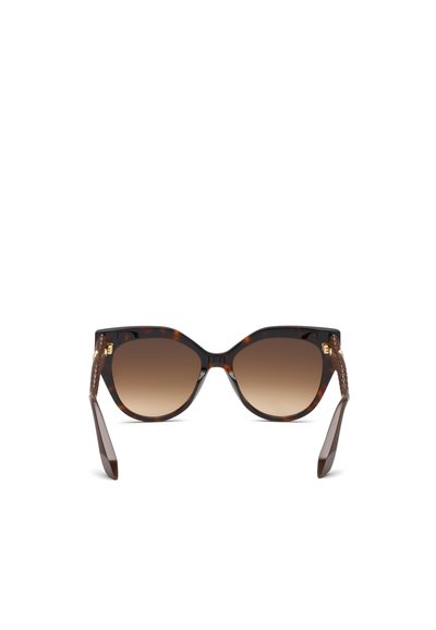 Lunettes de soleil œil de chat écaille marron avec verres marron dégradé et branches texturées, vues de face sur fond blanc.