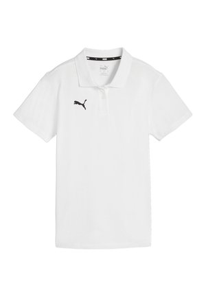 Chemise polo blanche en coton, avec un logo Puma noir sur la poitrine gauche, des manches courtes et un design de col classique.