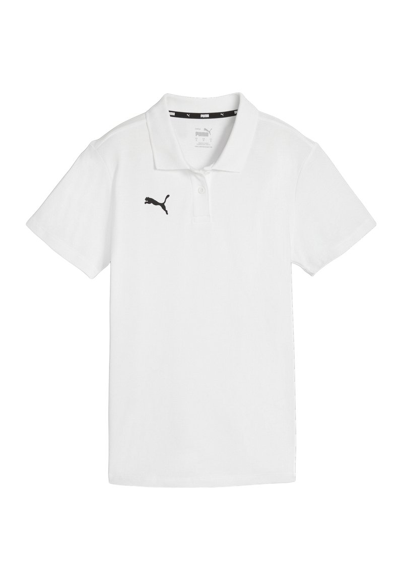 Polo bianco in cotone, con logo Puma nero sul lato sinistro del petto, maniche corte e design del colletto classico.