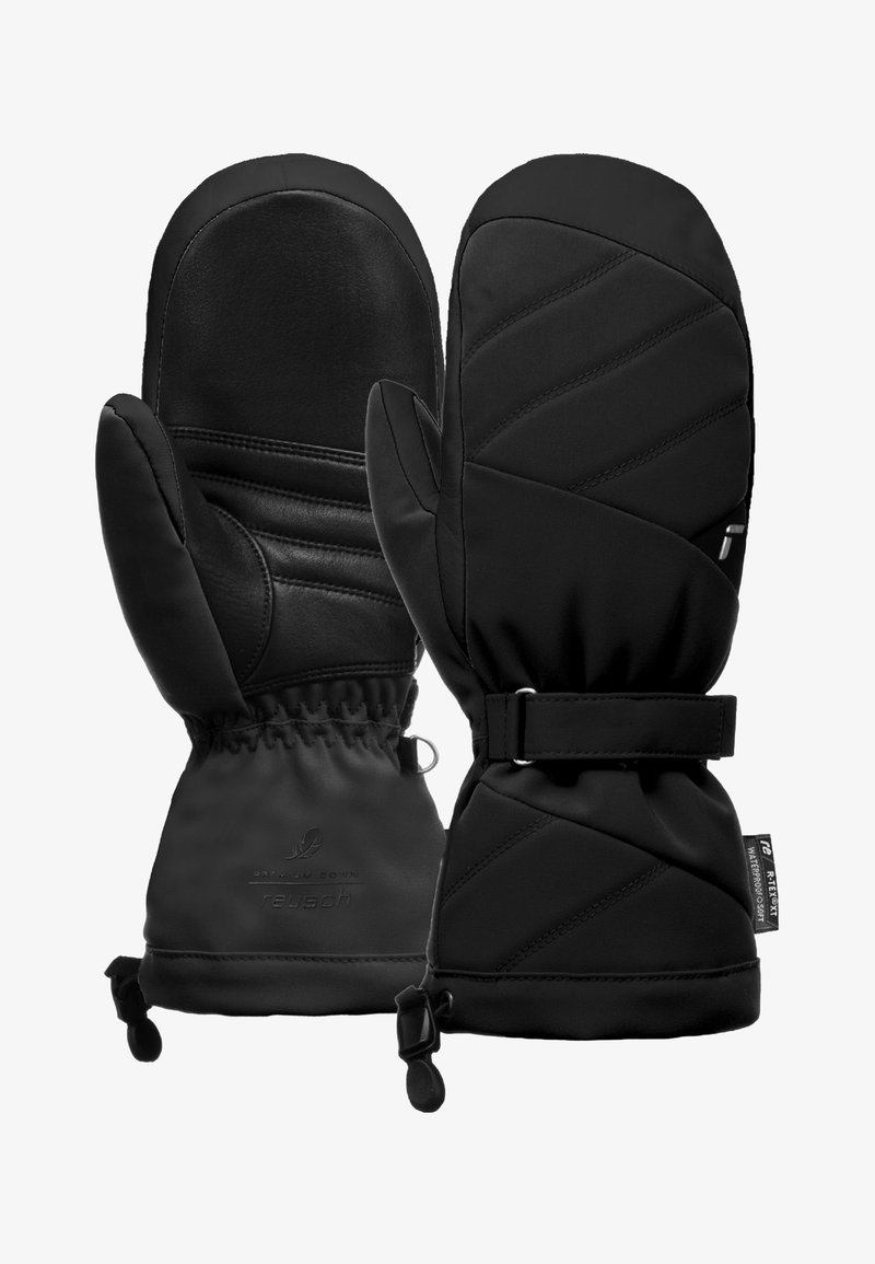Schwarze Handschuhe aus einer Kombination von glattem Leder und strukturiertem Stoff, mit verstellbaren Bündchen und einem sicheren, verstellbaren Riemen.